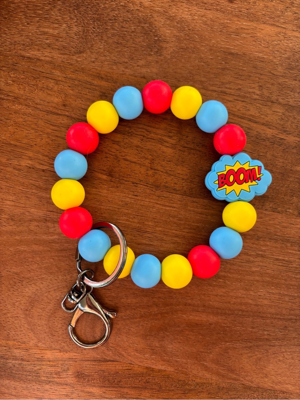 BOOM! Silicone Beaded Keyring Bracelet - Red, Yellow & Blue